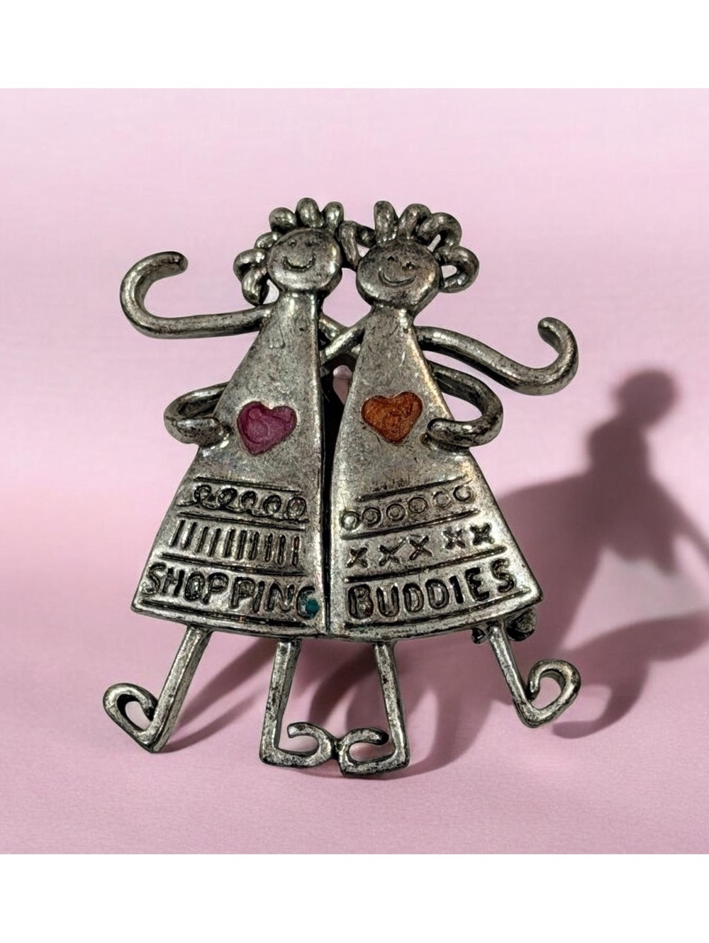 Vintage OTC Silver Tone Shopping Buddies Brooch Pin with Heart Accents
